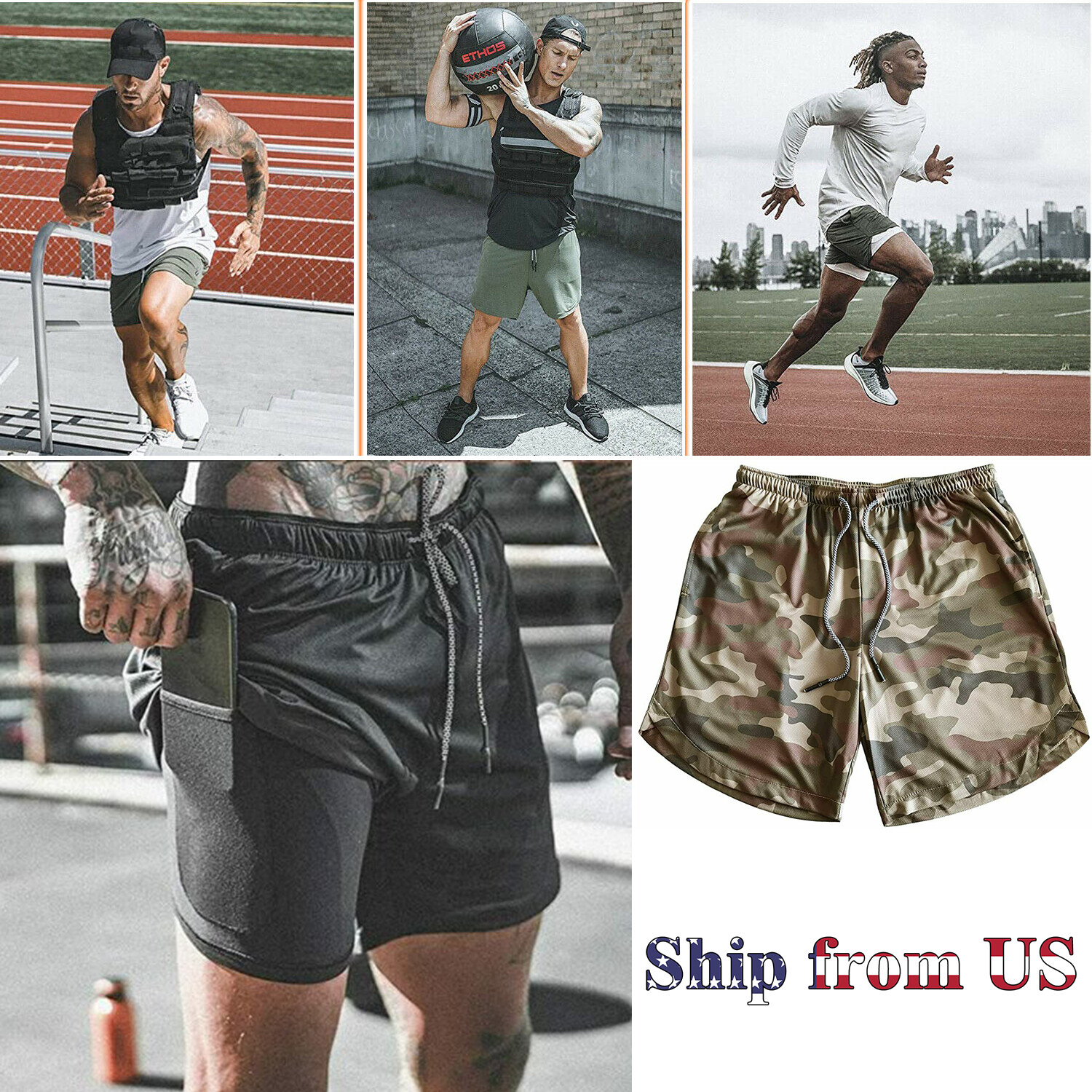 Man’s 2 in 1 Compression Gym Workout Training Liner Phone Pocket Shorts Pants US