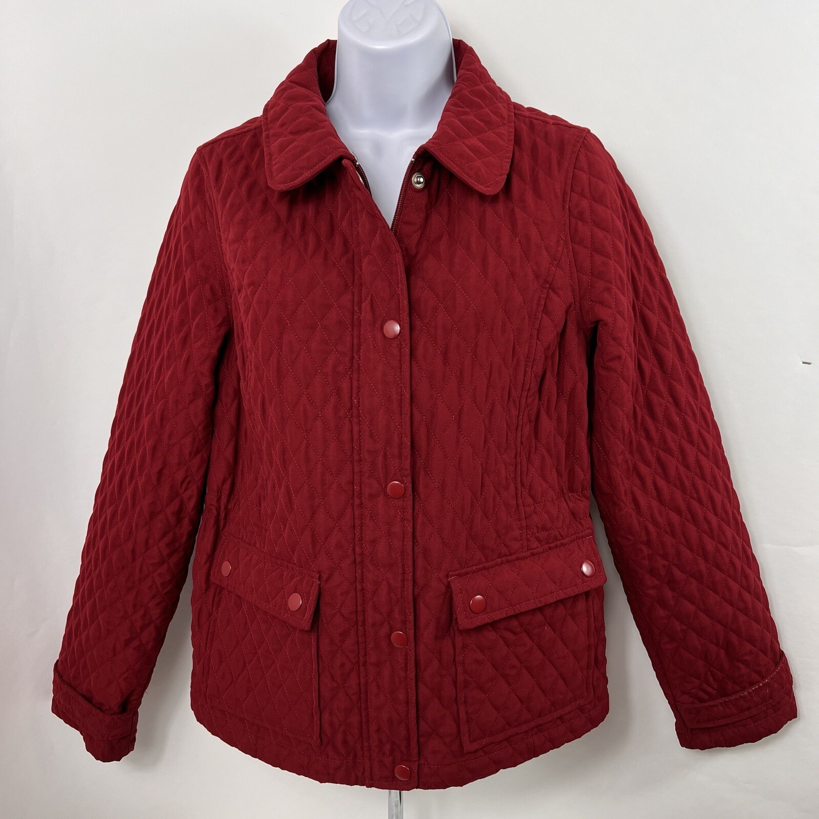 Merona Jacket Women’s Small Red Quilted Full Zip Button Snap Long Sleeve Pockets