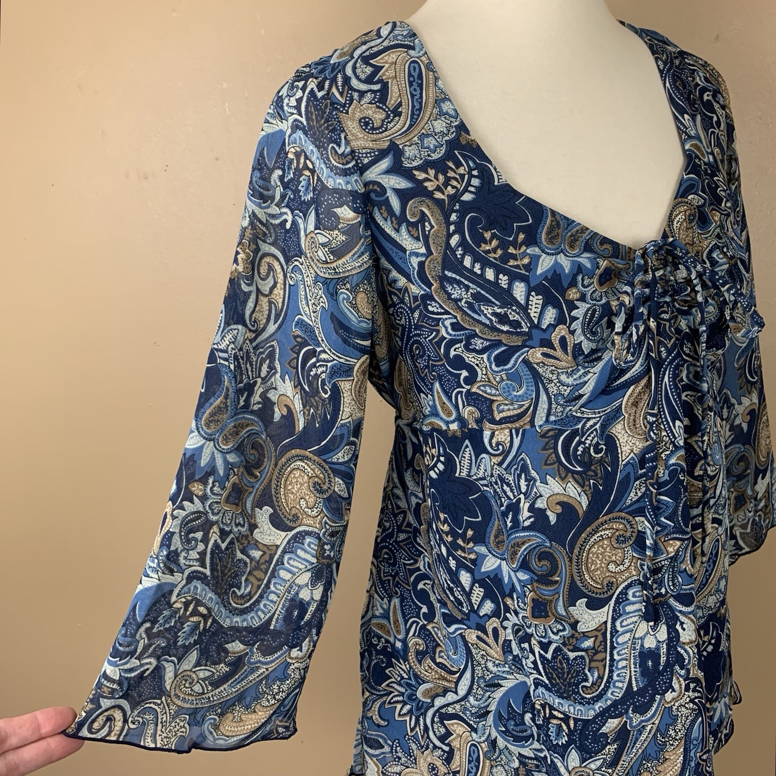 Vintage Y2K Top Womens Medium Blue Paisley Print Sheer Babydoll Feminine Blouse