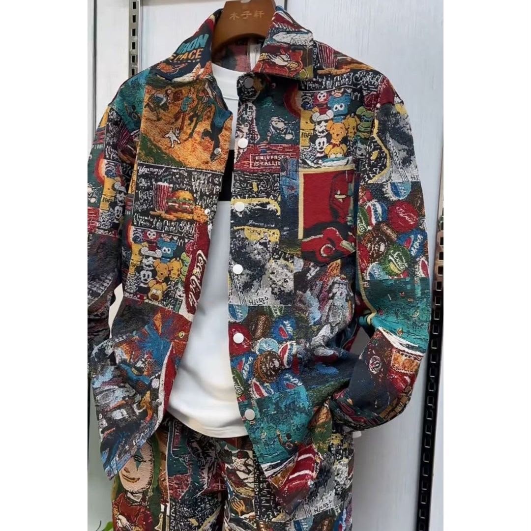 Men Graphic Print Jacquard Tracksuit Set Casual Button Jacket Jogger Pants