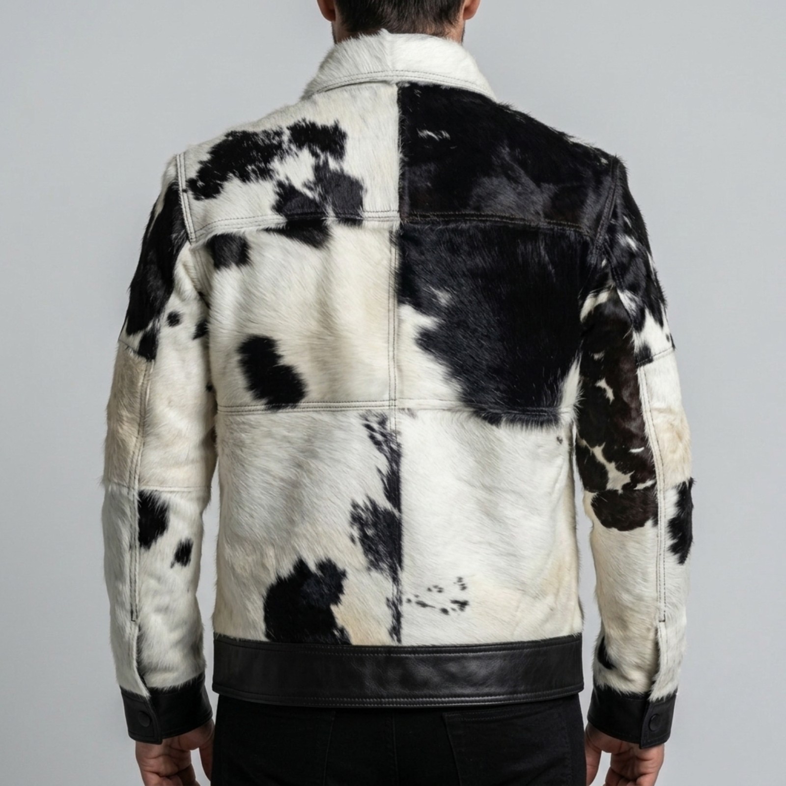 Men’s Black White Cowhide Leather Jacket Hair On Hide Western Bomber Jacket Pony