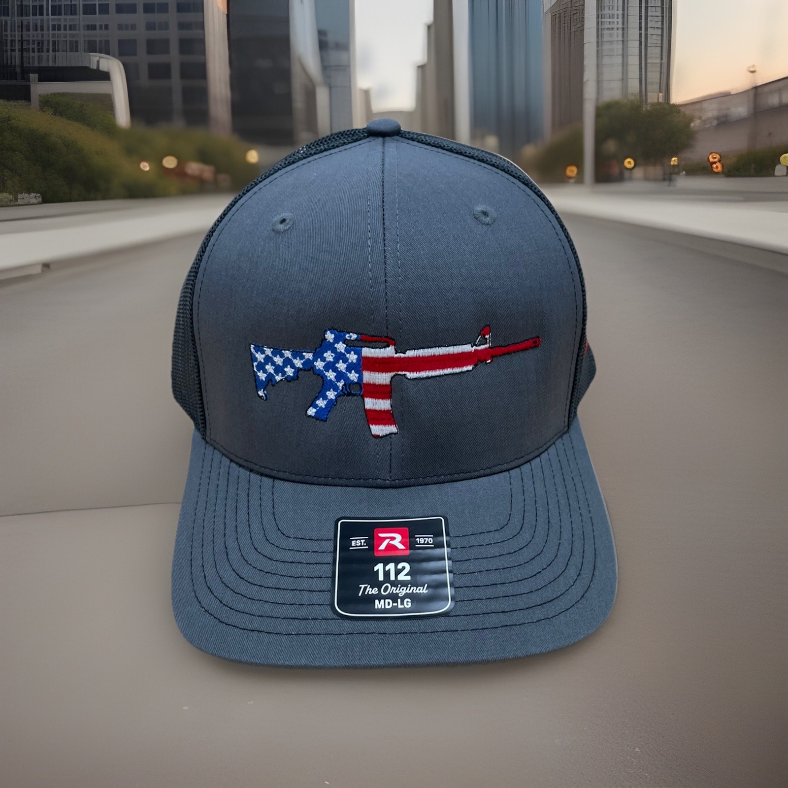 Richardson 112 charcoal/Black Trucker Hat USA Flag Embroidered Snapback Cap MAGA