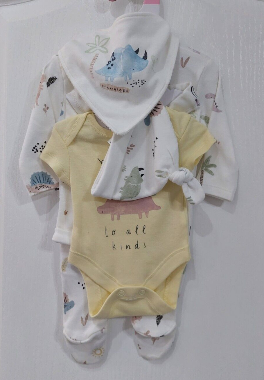 Primark Newborn Baby Unisex Babygrow Bodysuit Hat & Bib 5pc Dinosaur Set Layette