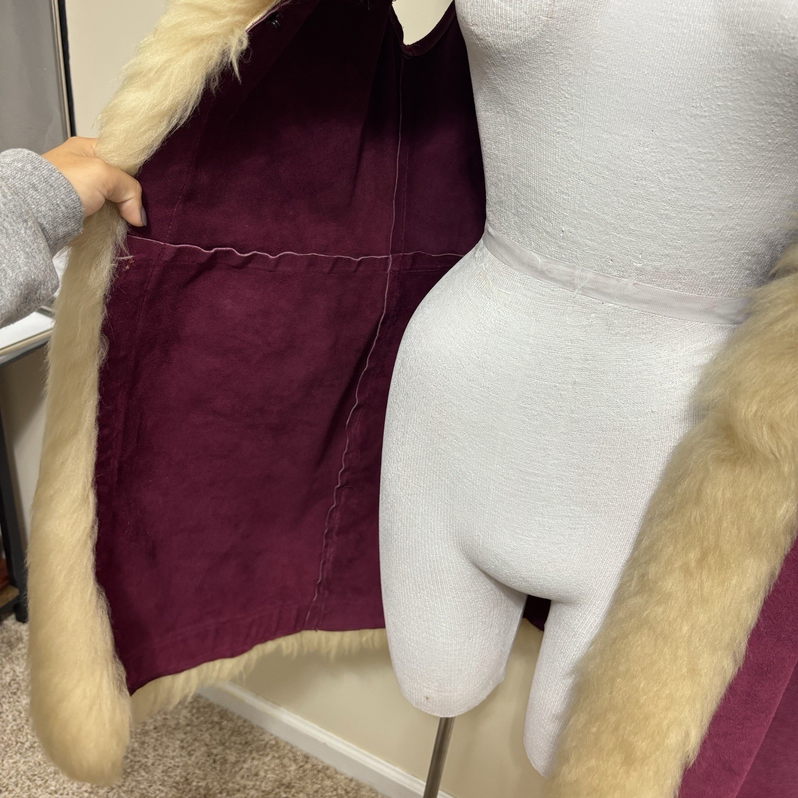 Vtg 60s 70s Penny Lane Burgundy Suede & Lamb Shearling Vest Hippie Afghan Coat S
