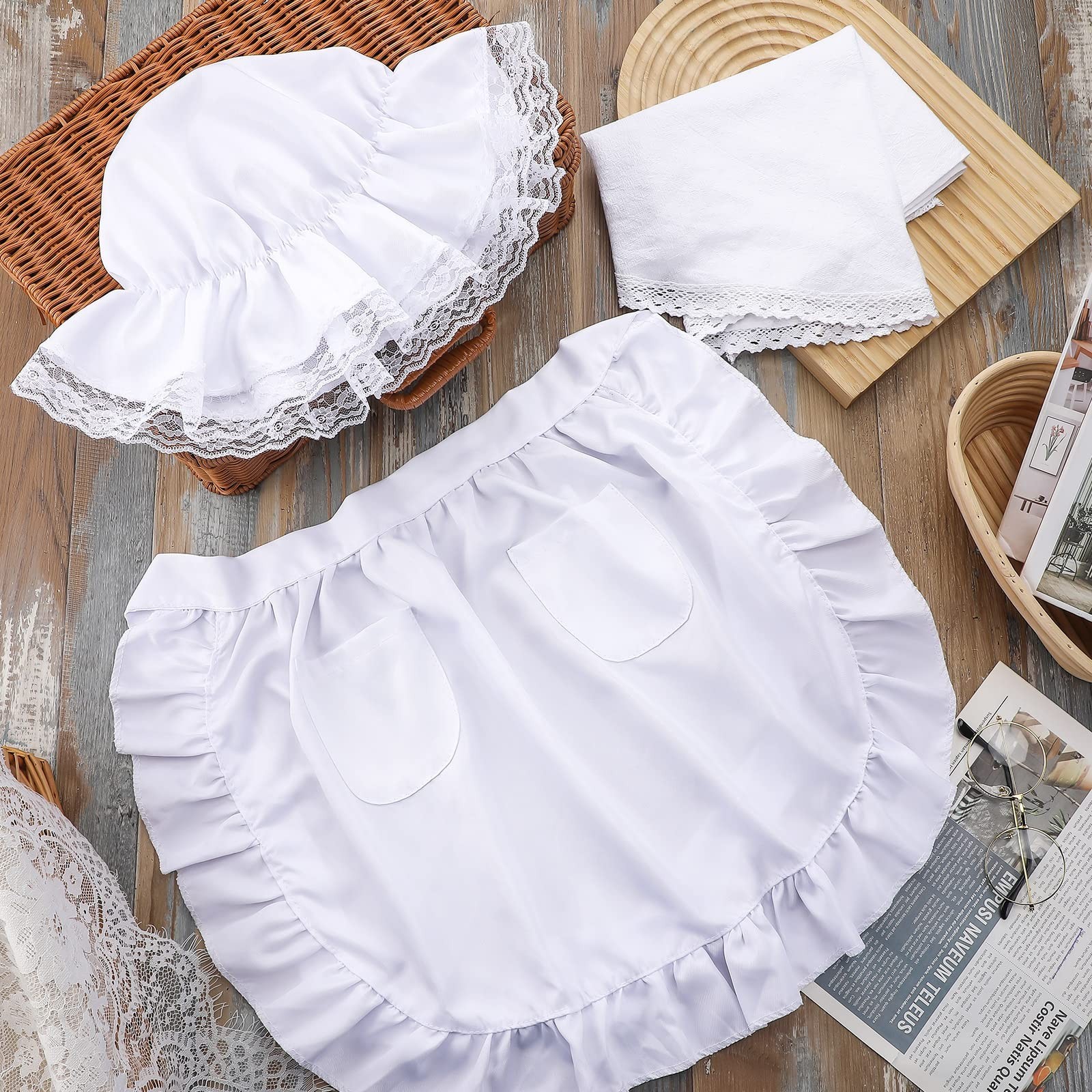 Hercicy Colonial Costume Women Set White Mob Cap Bonnet Shawl Waist Apron Pil…