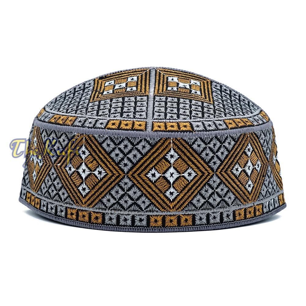 Dark Gray Rust Brown Embroidered Diamond Design Semi-rigid Pakistani-style Kufi