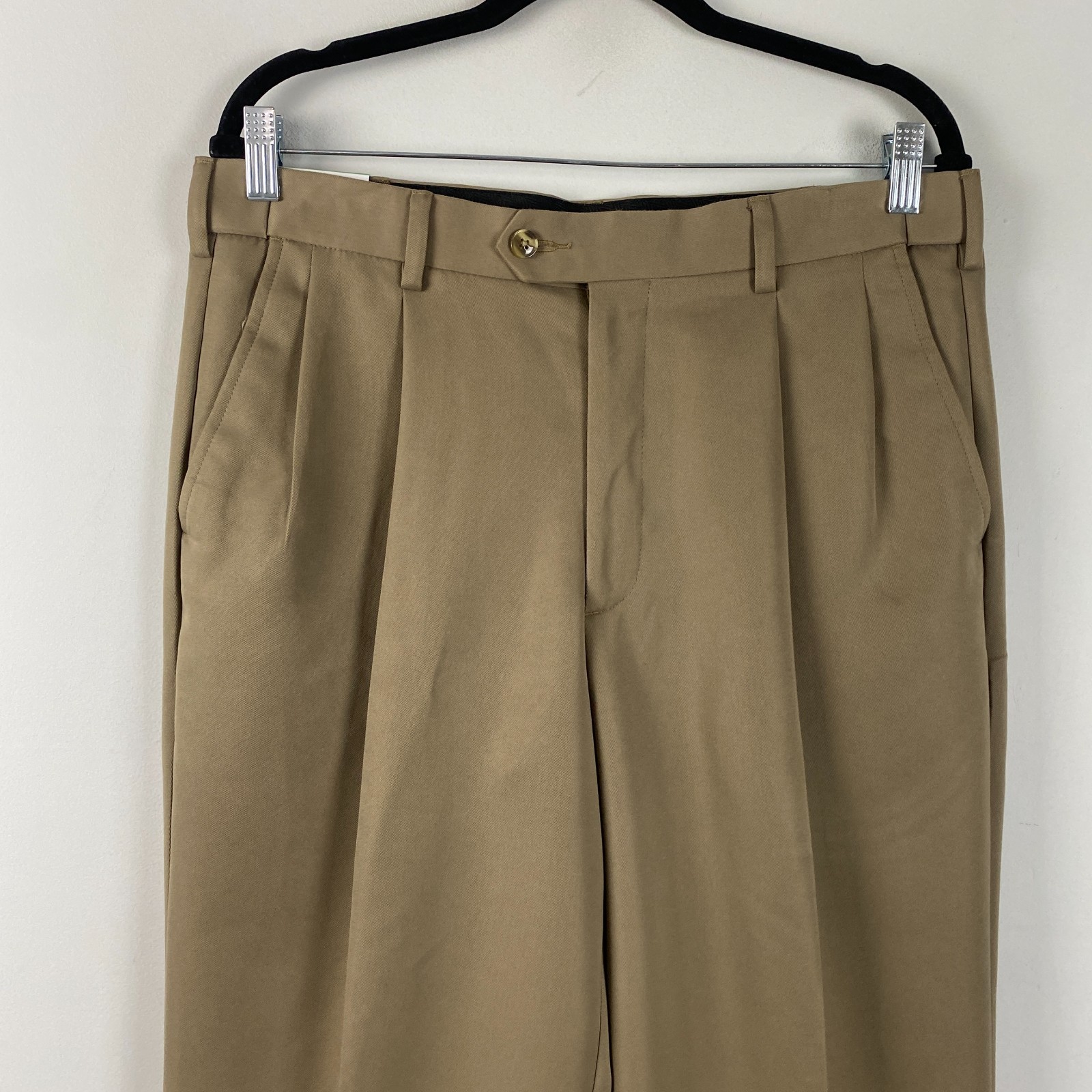 Savane Pleated Cuffed No Iron Performance Pants Size 34×32 Khaki Comfort Waist