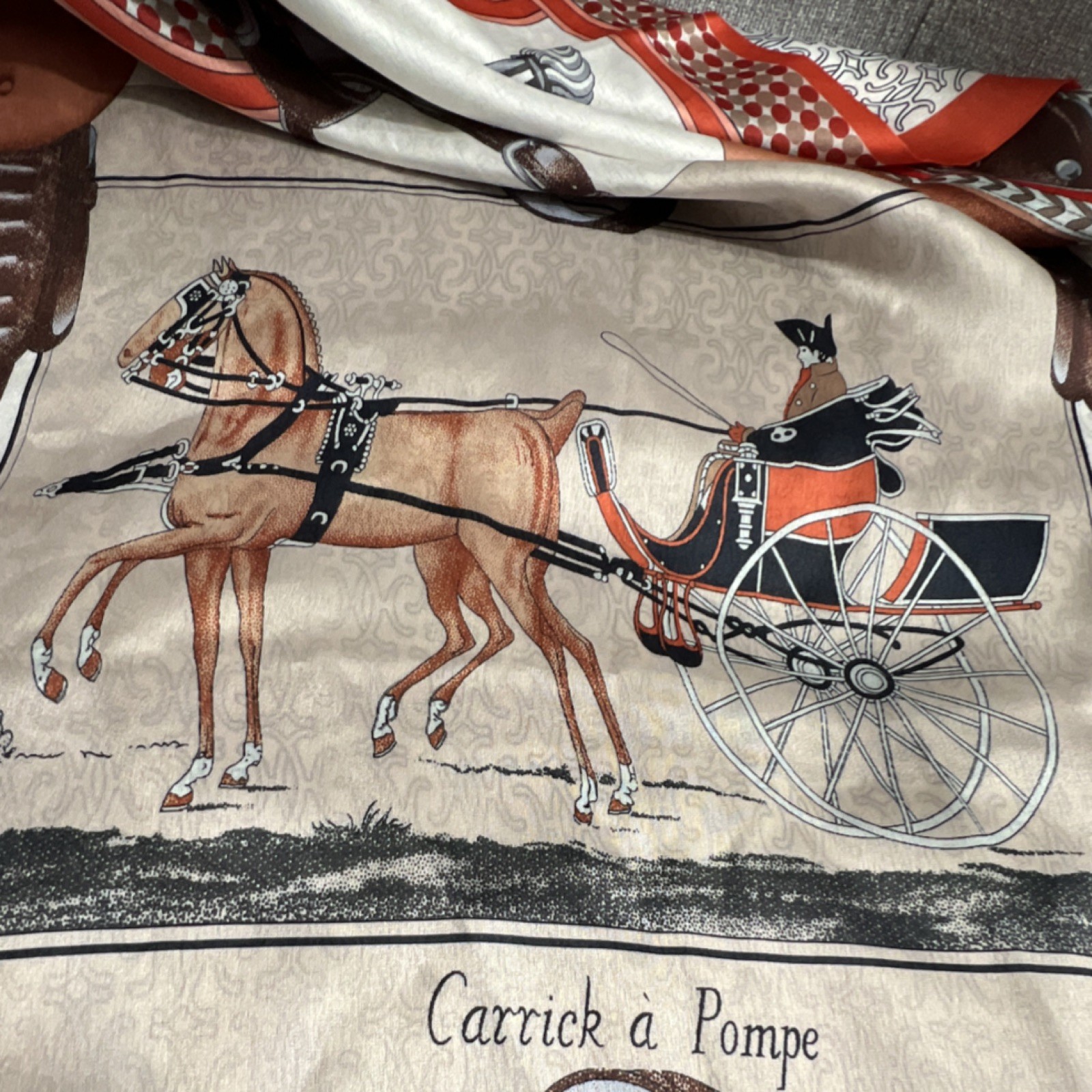 Silk Satin Square Scarf Horse Carriage Geometric Beige Brown Orange Black White