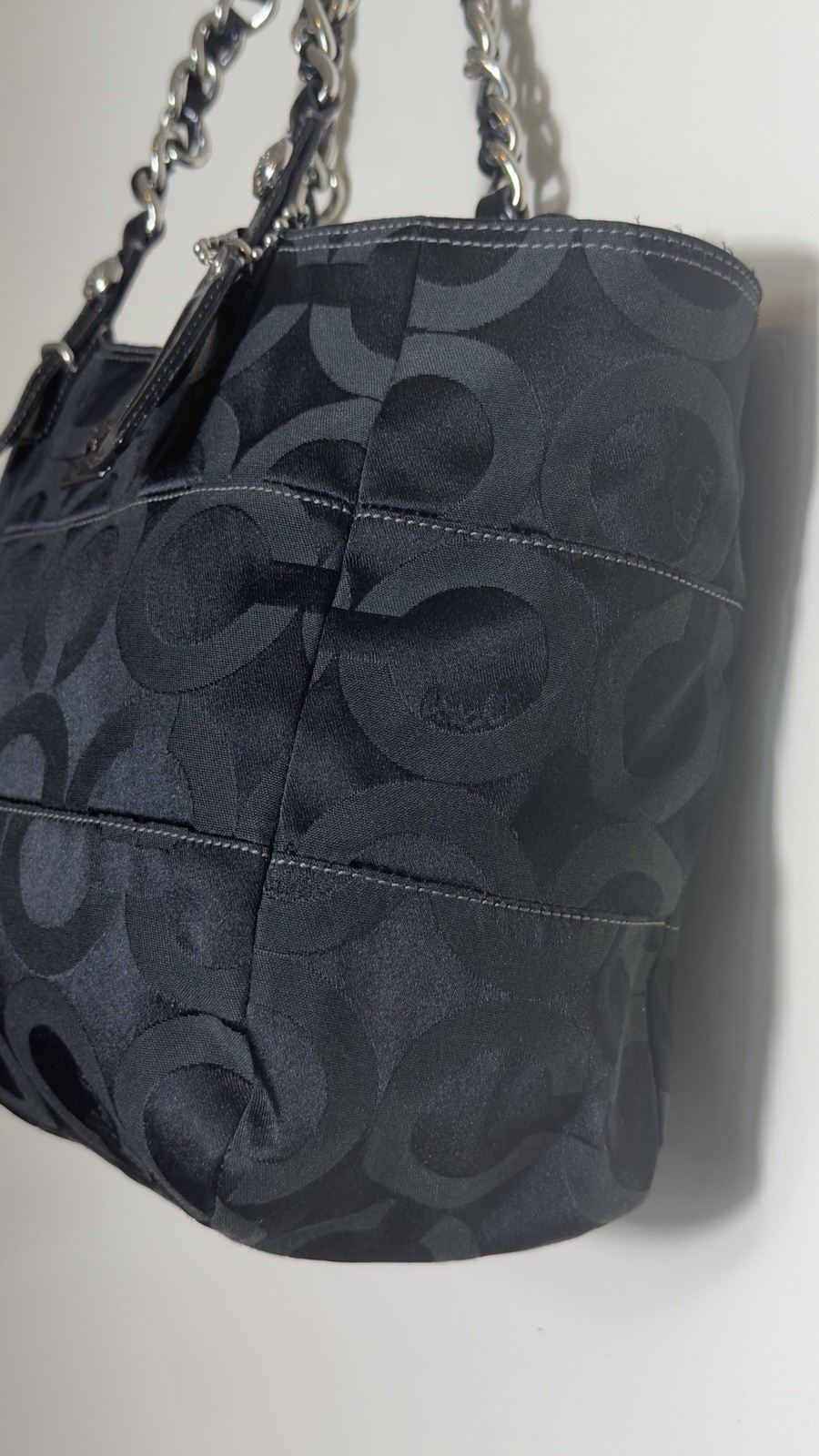 Coach Madison Signature Logo Tote Bag Black Zip Closure Silver Chain Straps