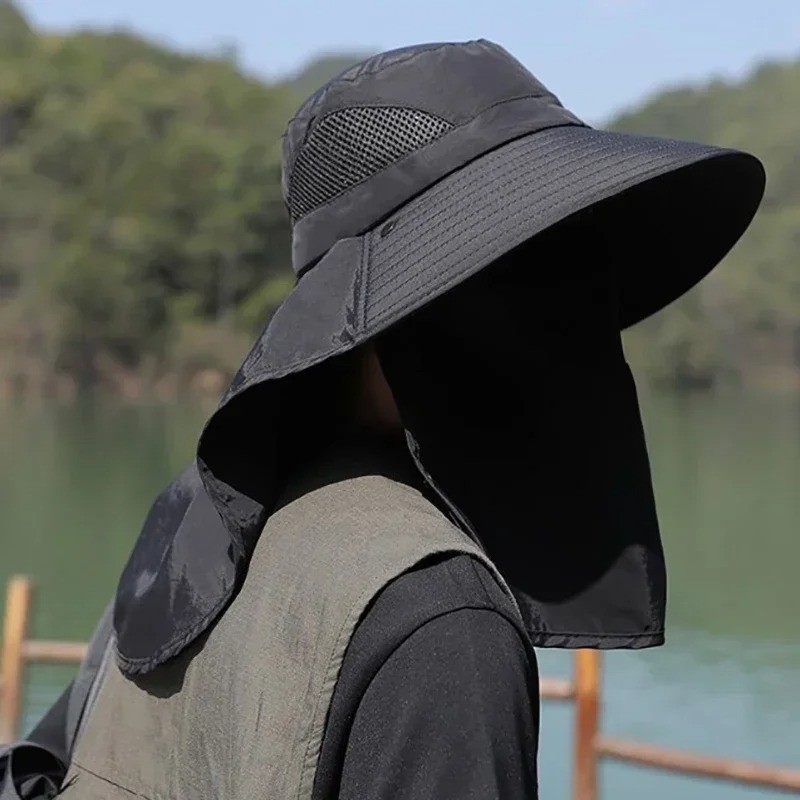 Wide Brim Sun Hat UV Protection Bucket Cap Hiking Camping Fishing Neck Flap