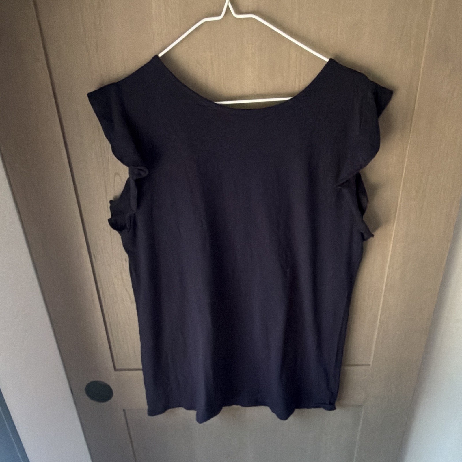 LOFT Outlet Women’s L Blue Solid Scoop Neck Ruffle Cap Sleeve Pullover Top