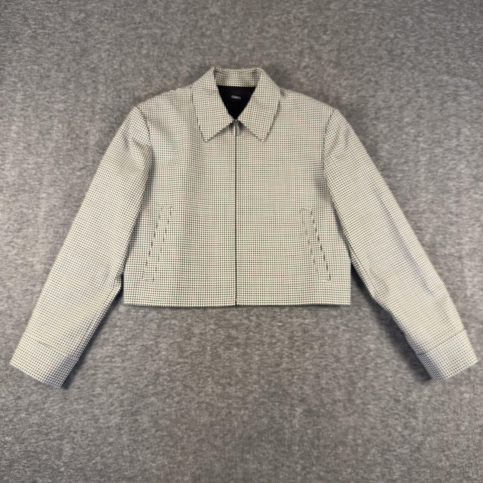 Theory Jacket Womens Petite P Black White Gingham Check Cropped Zip Wool