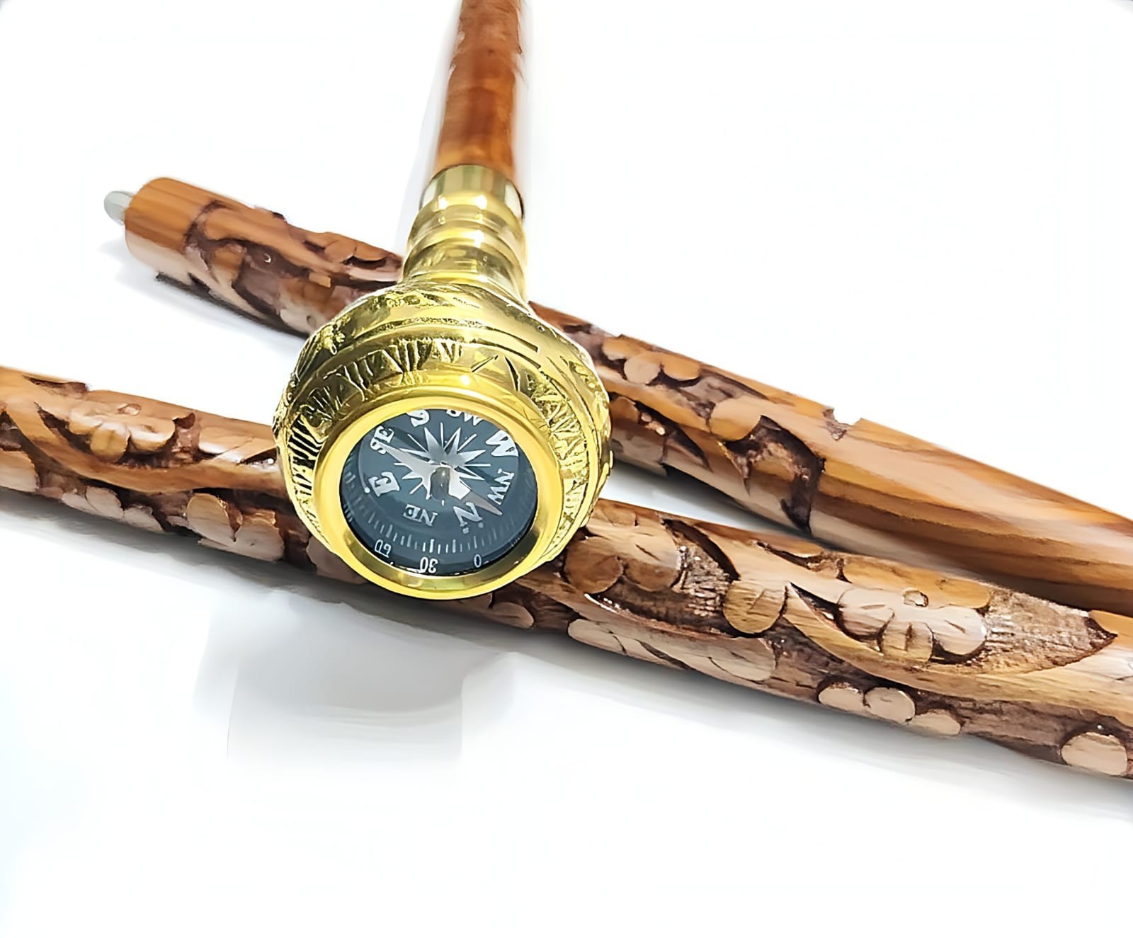 Handmade Wooden Walking Cane Compass Handle Floral Carved Hiking Stick Gift 36