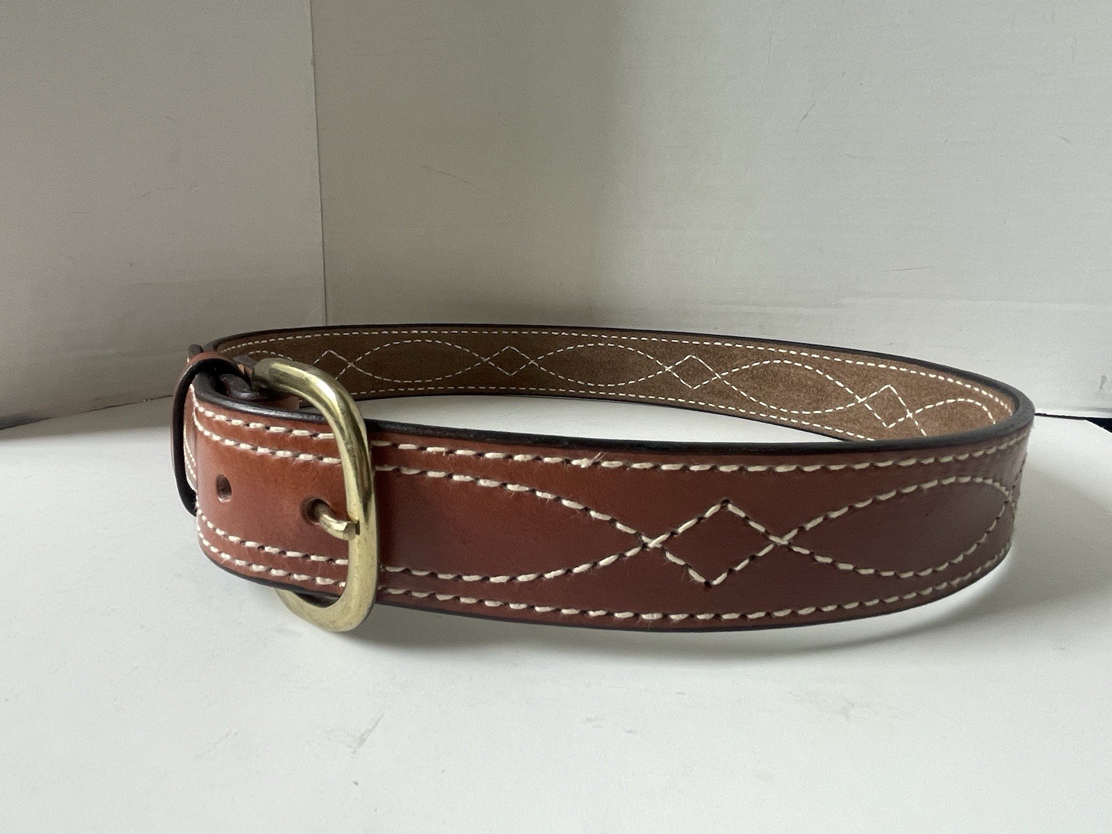 Triple K Leather Stitched Belt Size 34 Brown Brass Colored Buckle With Loop USA
