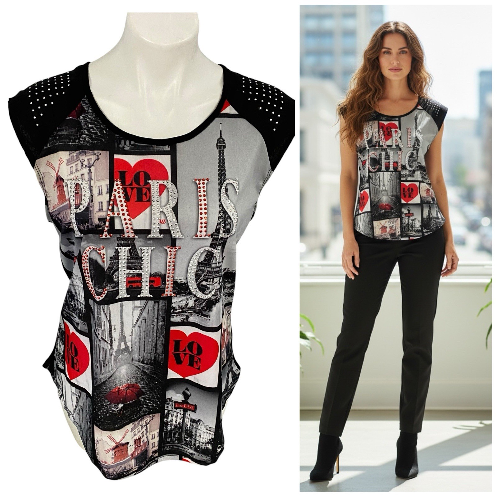 Occasion Top Womens XL Paris Chic Pop Art Collage Print Eiffel Tower Y2k Glitzy