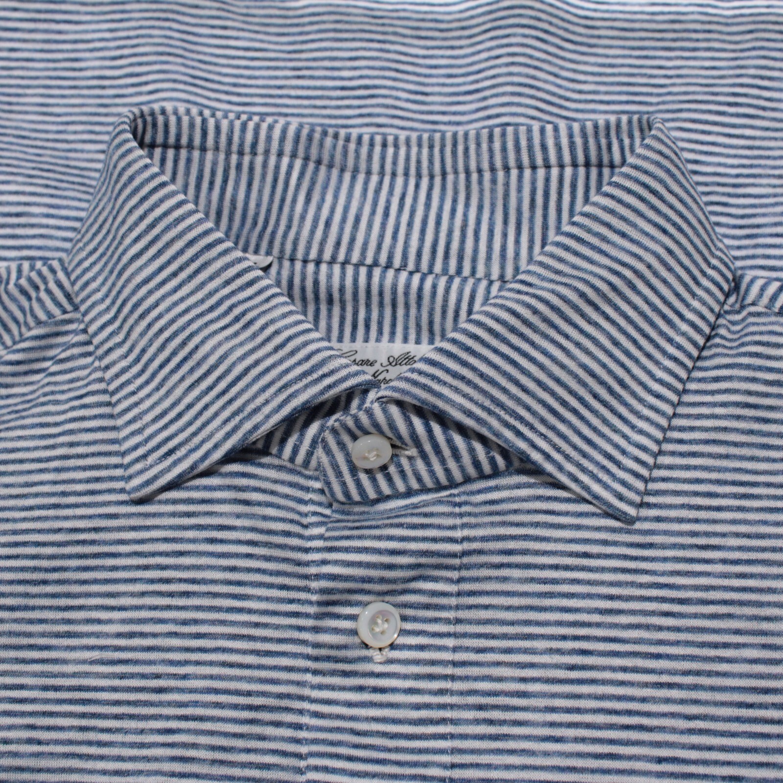 Cesare Attolini NWD Long Sleeve Polo Shirt Size 43 17 in Blue & White Stripes
