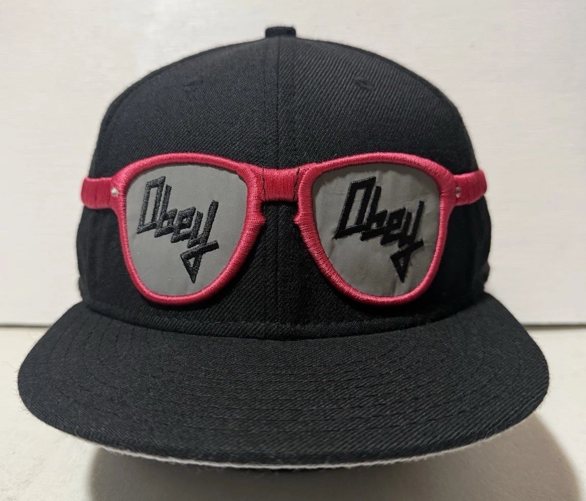 Vintage New Era 59FIFTY Obey 100% Wool Fitted Hat 7-3/4 Black/Pink Sunglasses
