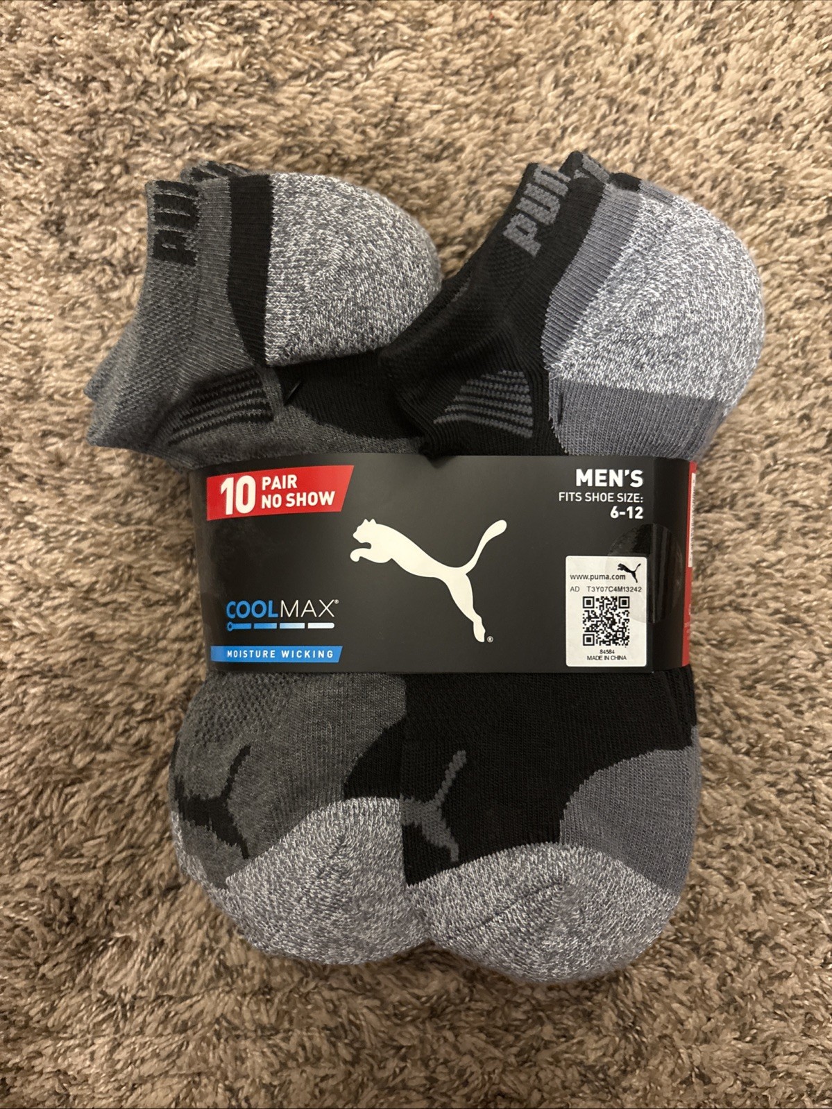 PUMA Men’s No Show Socks 10-Pair Pack Black/Gray, Shoes Size 6-12, Coolmax
