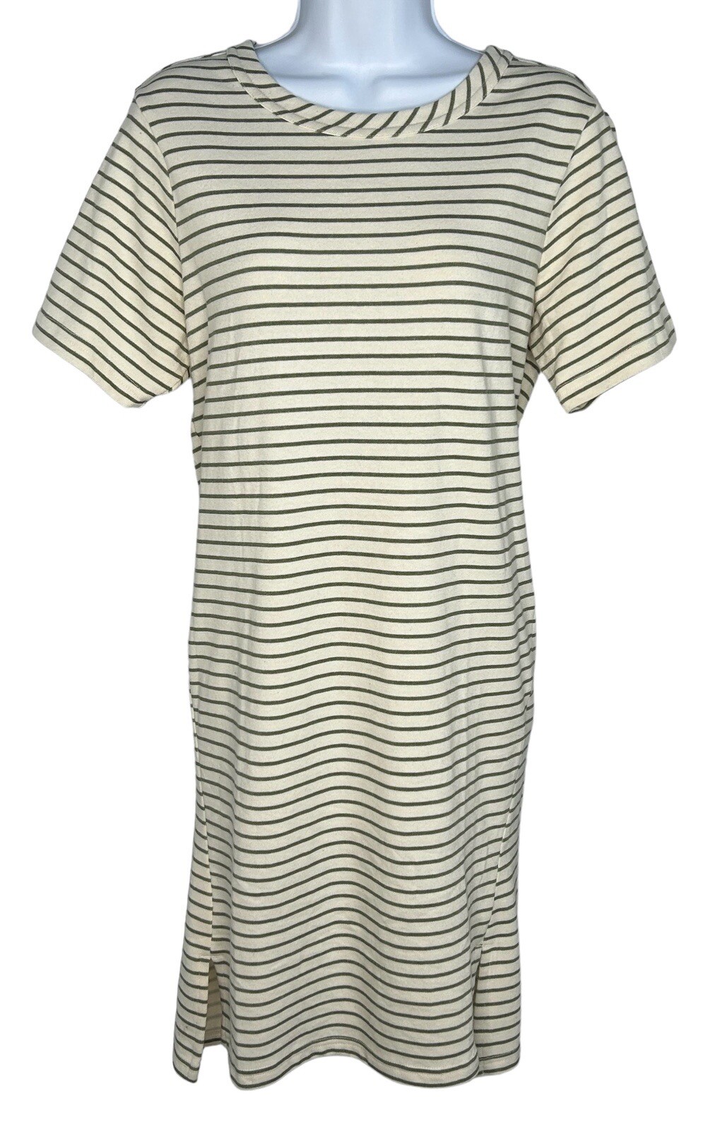 Buffalo Knit Striped Short Sleeve T-shirt Dress ~ Off White / Moss Green ~ Small