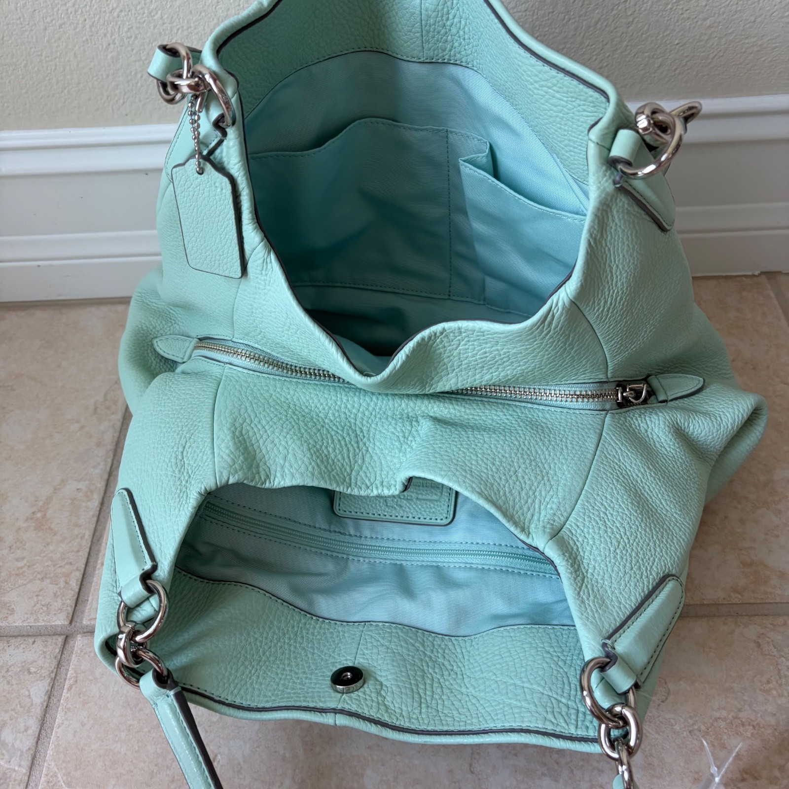 NWT $395 Coach Madison Phoebe Pebbled Leather Shoulder Bag Mint Green Silver