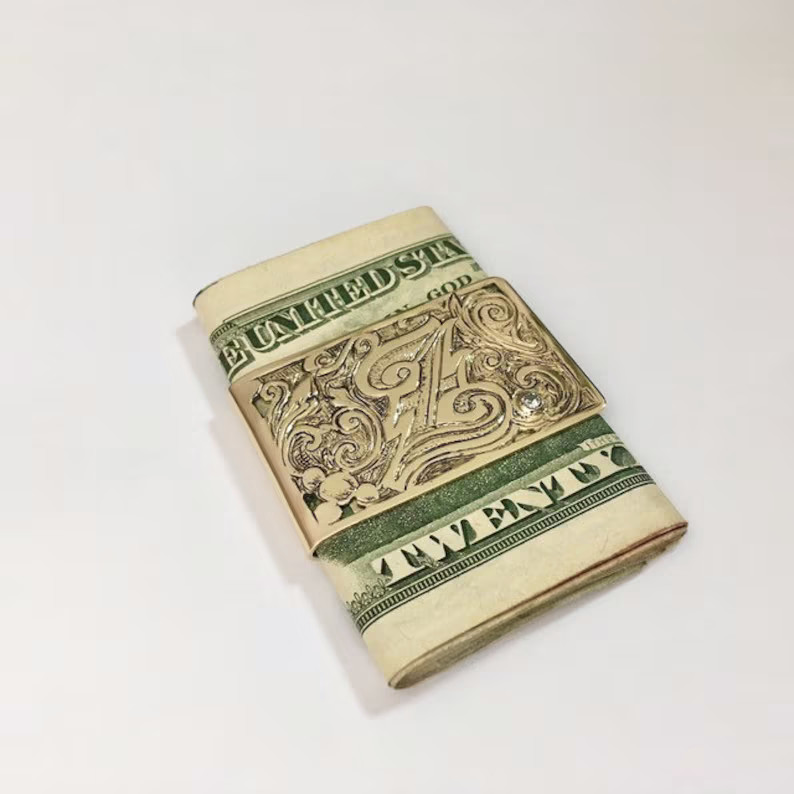 10K Yellow Gold Over Diamond Accent Hand-Engraved Initial Monogram Money Clip 1P