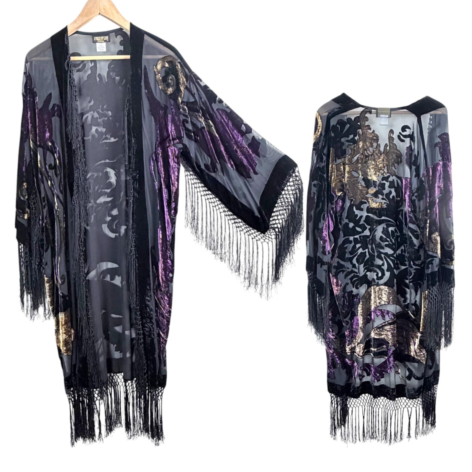 vintage silk velvet burnout fringe jacket kimono duster witchy boho stevie nicks