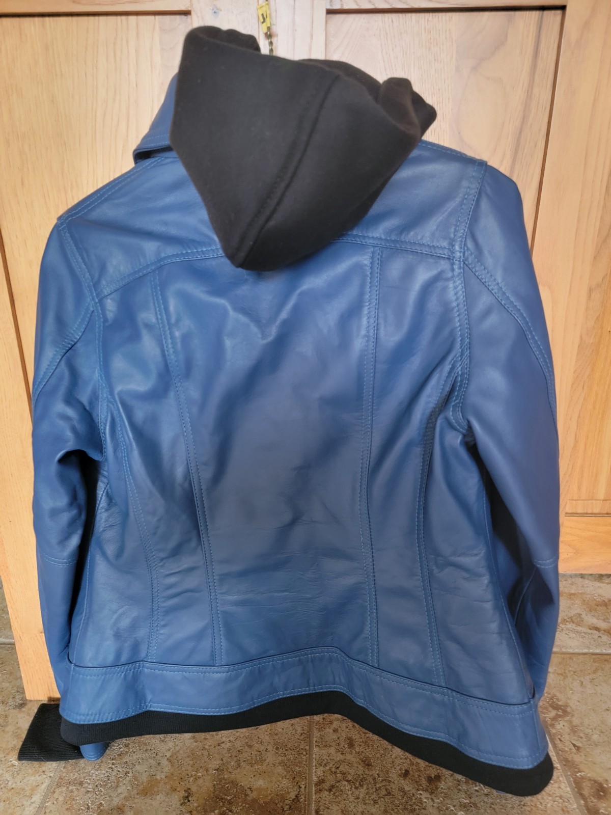 Tralee Hooded Women’s Leather Jacket• Blue Hooded Sweatjacket Built Into Inside