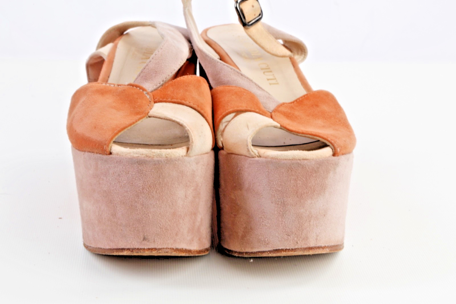 Claudia Ciuti Italian Suede Platform Wedge Sandals Tan Orange Colorblock Size 7M