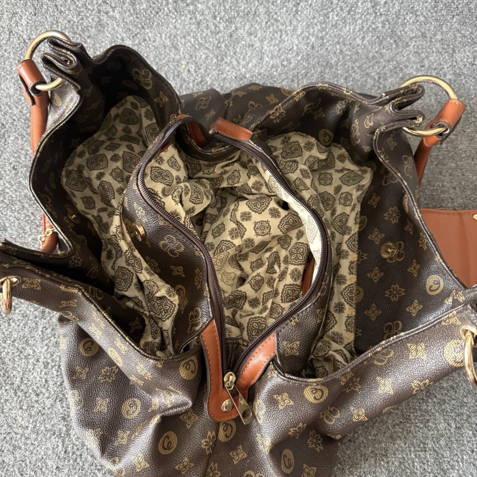 Brown Logo Print Satchel Top Handle Bag Double Handles Zip Gold Studded Accents