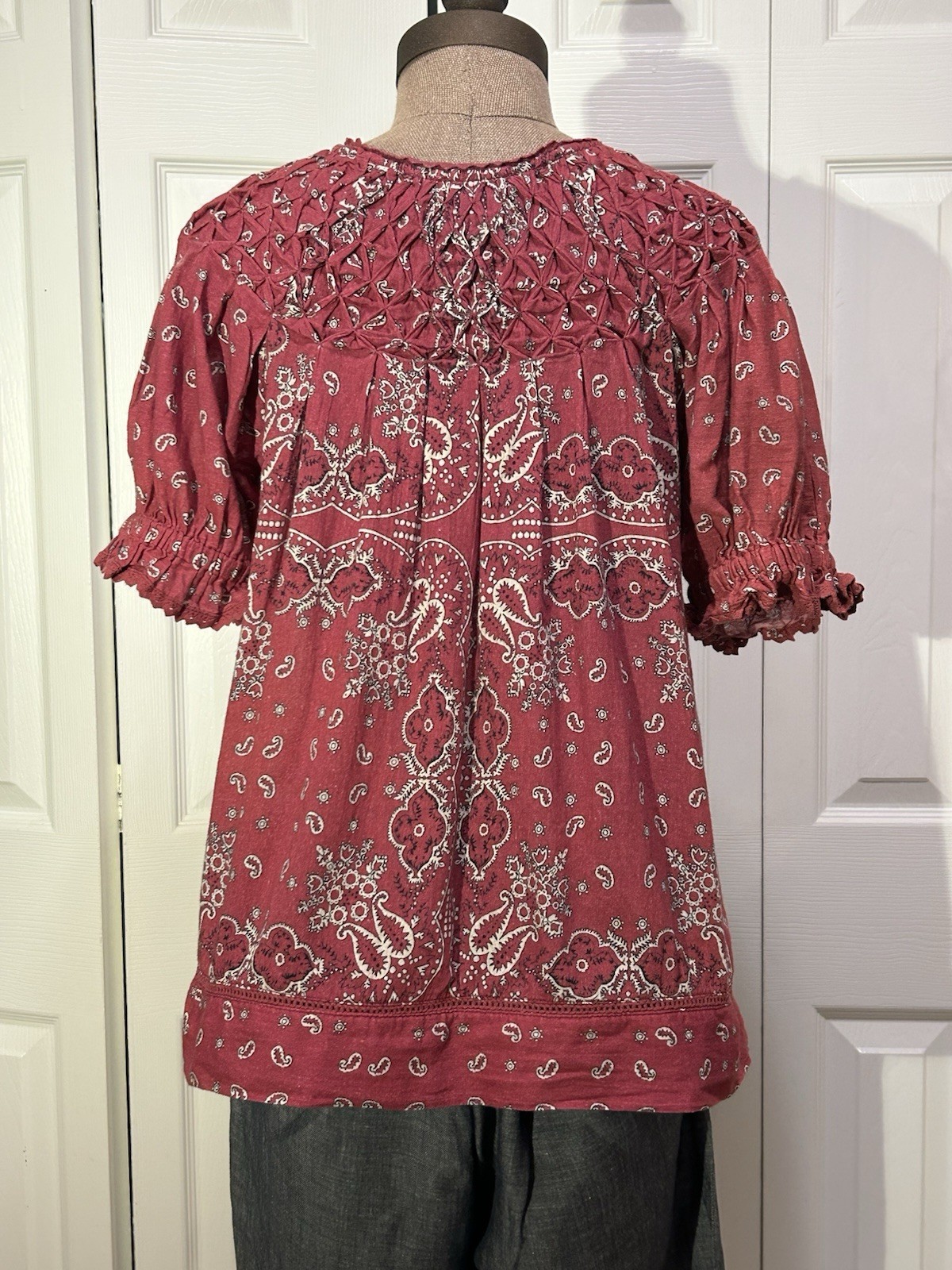 Sundance Women’s Red Paisley Button Front Ruffle Cotton Peasant Blouse, M