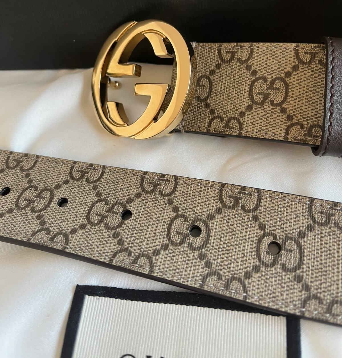 Gucci Gold Buckle GG Monogram Supreme Brown Leather Belt Size 85 cm Fit’s 28/30W