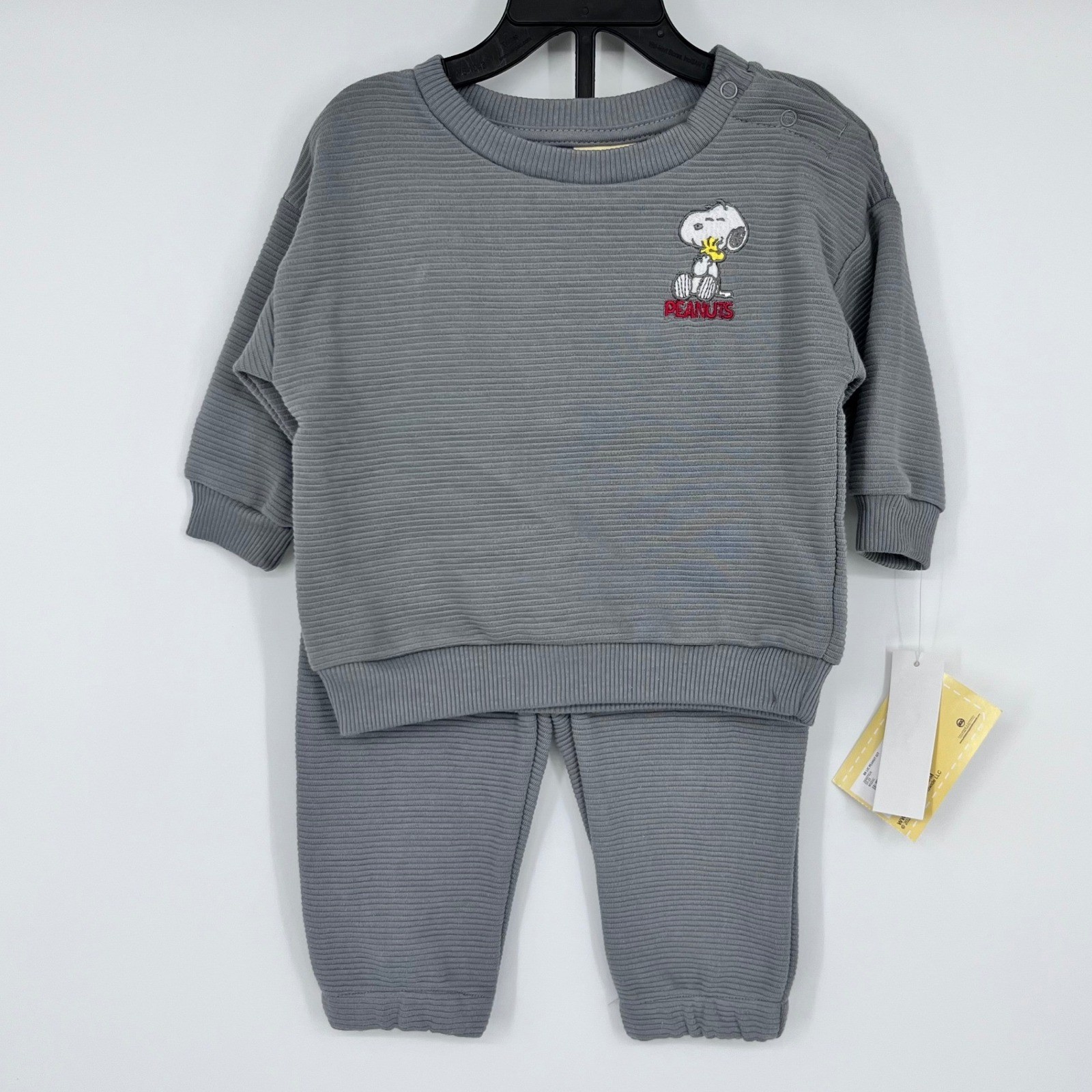 Peanuts Snoopy Ribbed Sweatshirt and Pants Set Unisex 3-6M Grey Embroidered NEW