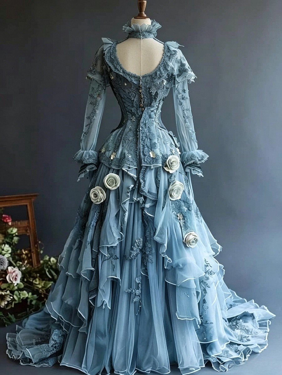 Victorian Blue Lace High Neck Corset Ball Gown Wedding Dresses With Flowers