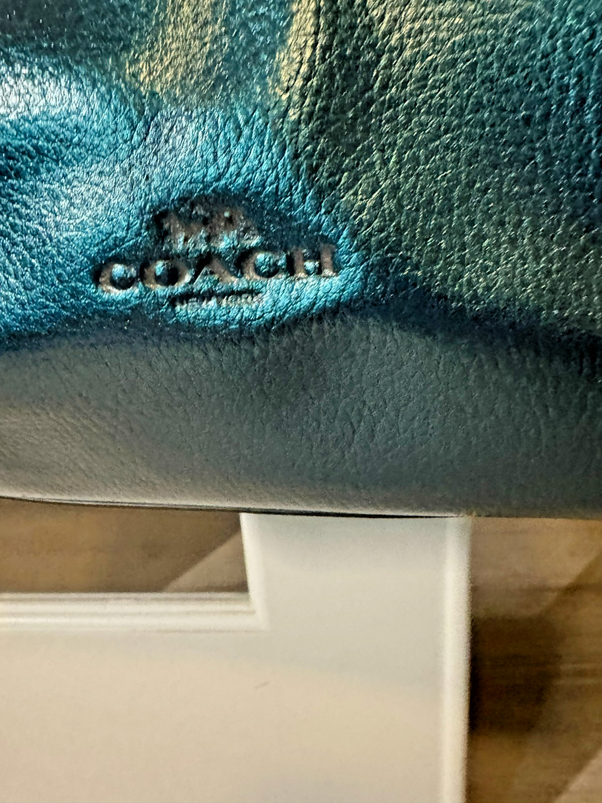 COACH Derby Tote Bag Metallic Pebble Leather Dark Teal Blue Green