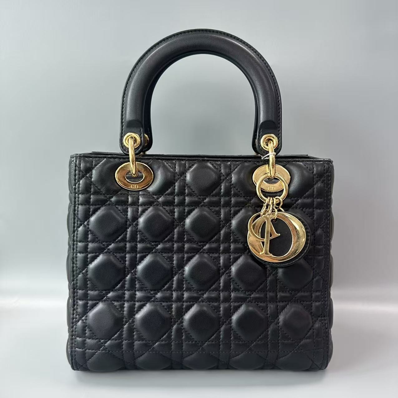 Auth Christian Dior Lady Dior Medium Black Lambskin Gold Hardware Handbag