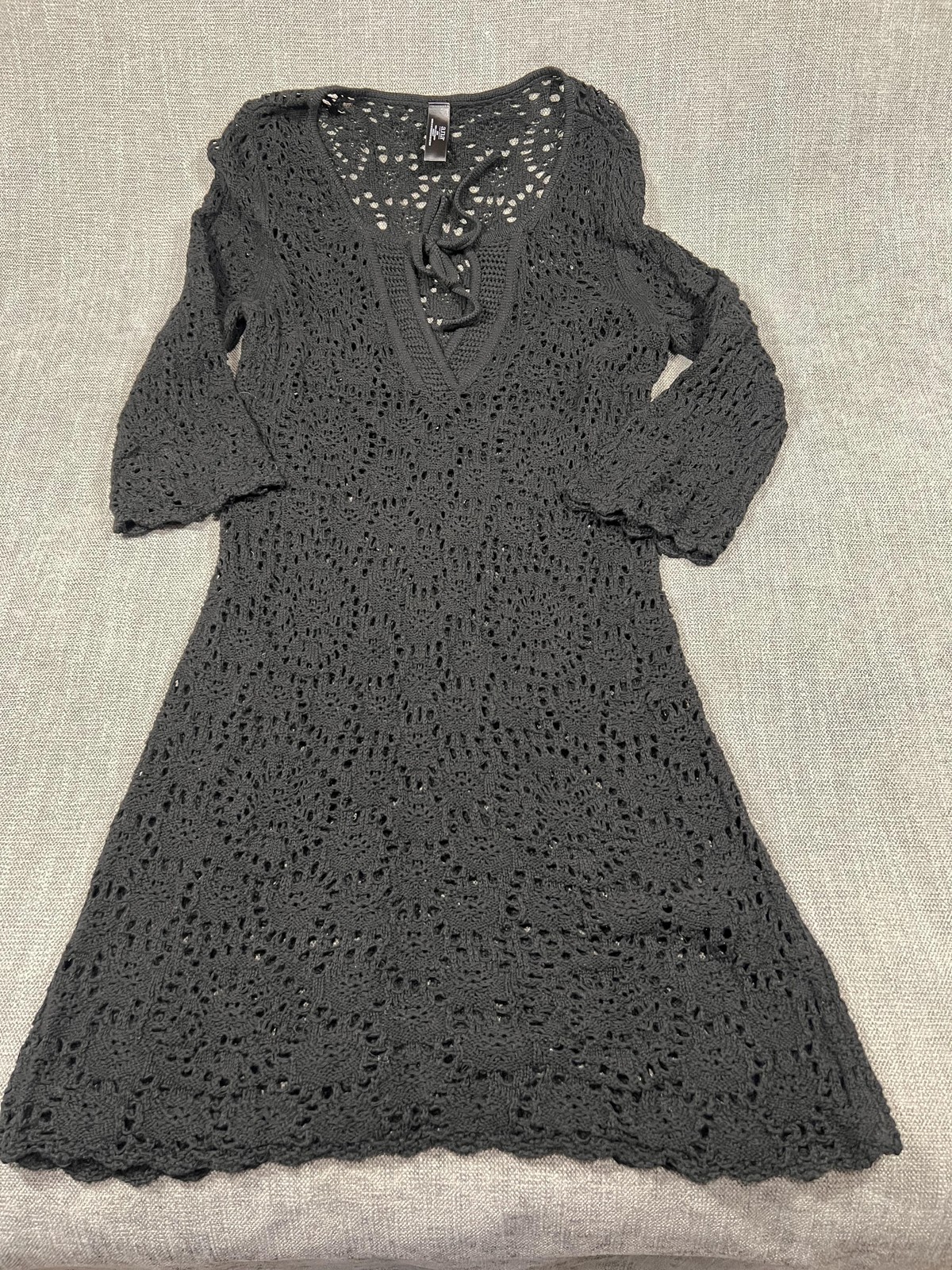 A.n.a A New Approach Cover Up W S Black Crochet Swim Tunic 3/4 Sleeve Boho Beach
