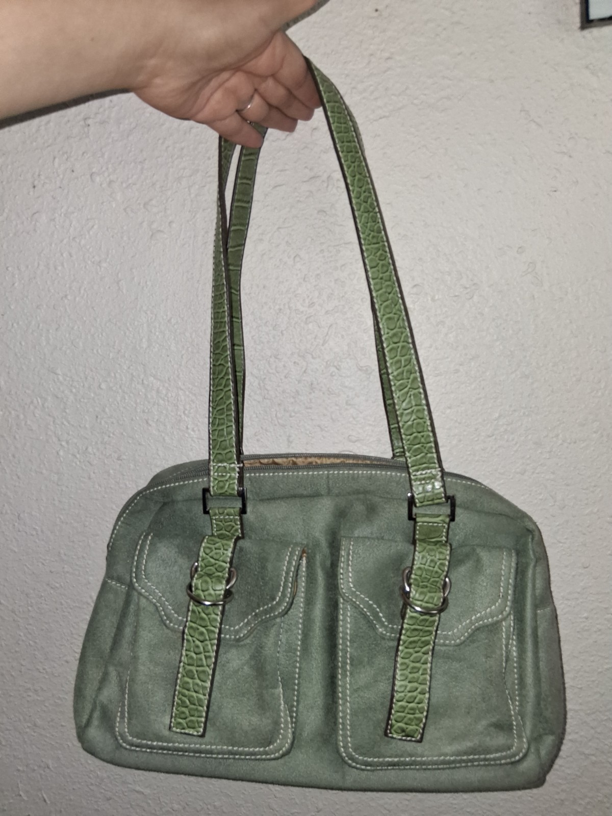 Green Suede Shoulder Bag Buckle Accent Zipper Closure Inner Pockets Classic