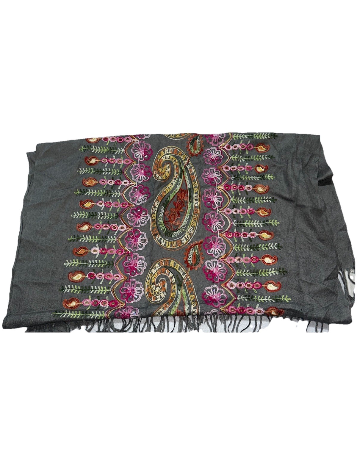 Cashmere Scarf Embroidered Wrap Shawl Paisley Floral Gray 68X26