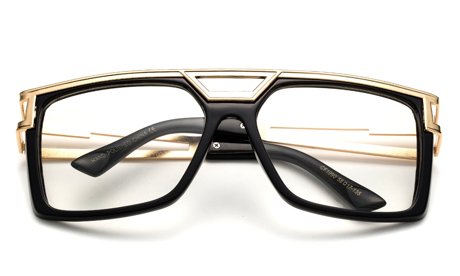 Gloss Black Clear Lens Square Sun Glasses Gold Metal Accents Trendy Hipster