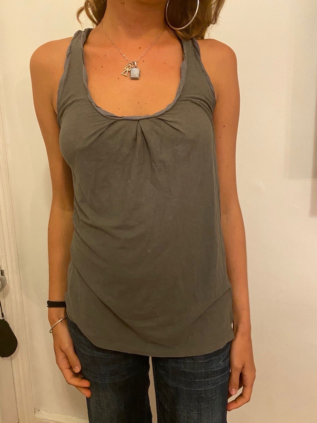 MNG Cotton Scoop Neck Tank Top with Silk Trim UK8-10 Shown On A UK6-8