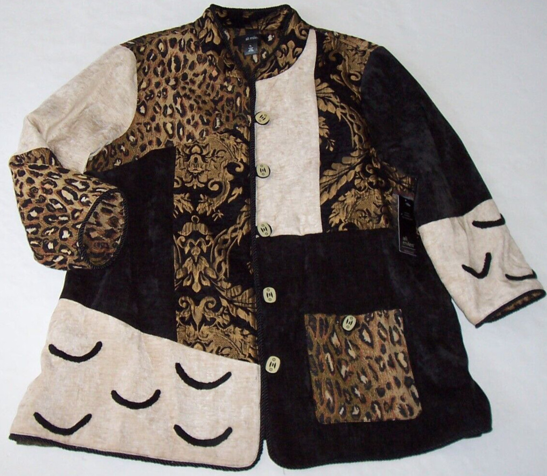 NWT Ali Miles Black/Brown/Beige MIXED TEXTURE Button Jacket L LEOPARD/Chenille