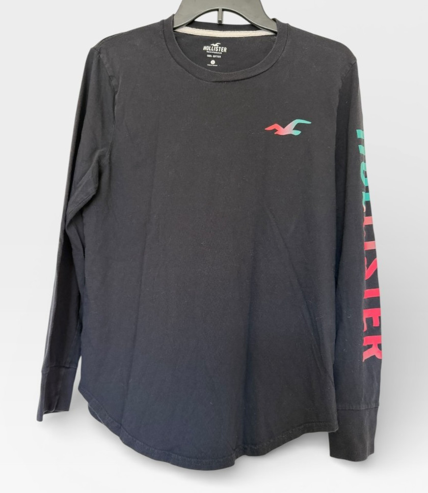 Hollister Mens Size S Black Long Sleeves T-Shirt Cotton Curved Hem Graphic Logo