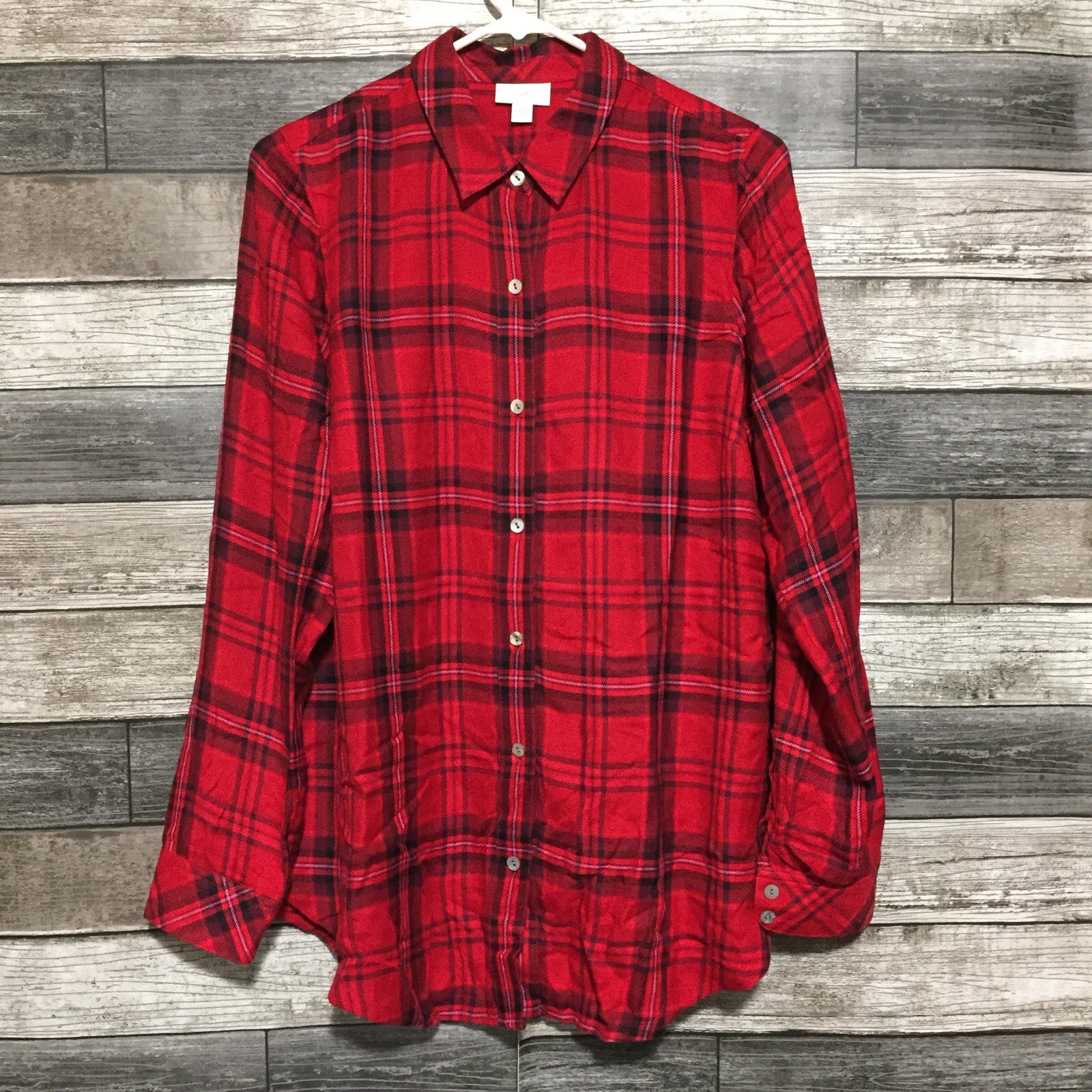 J Jill Relaxed Flannel Shirt Women’s S Red Plaid Button Up Shirt 100% Rayon