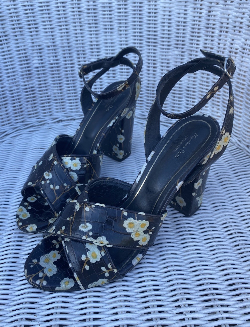 Massimo Dutti Italian Leather Floral Block Heel Ankle Strap Sandals EU39 US8.5