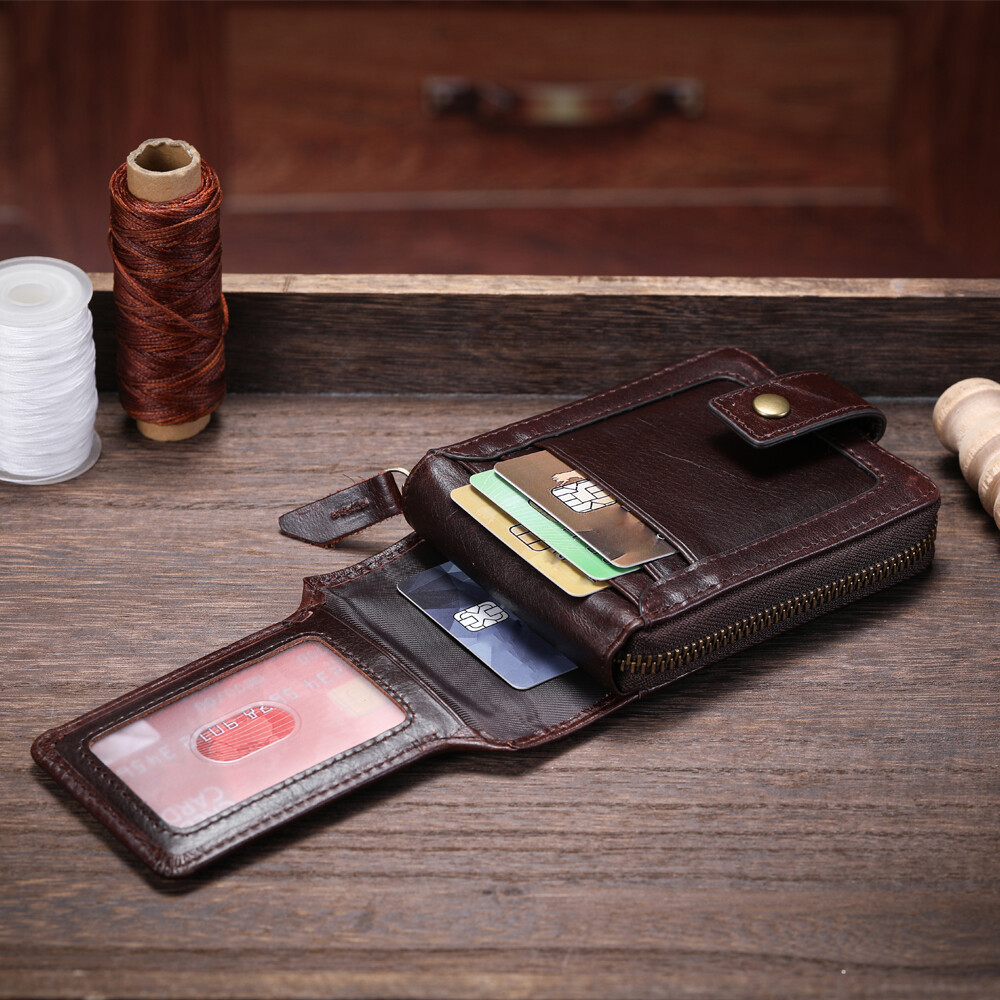 Genuine Leather Wallet Men Large Capacity ID Window Card Case Zip Coin Pocket