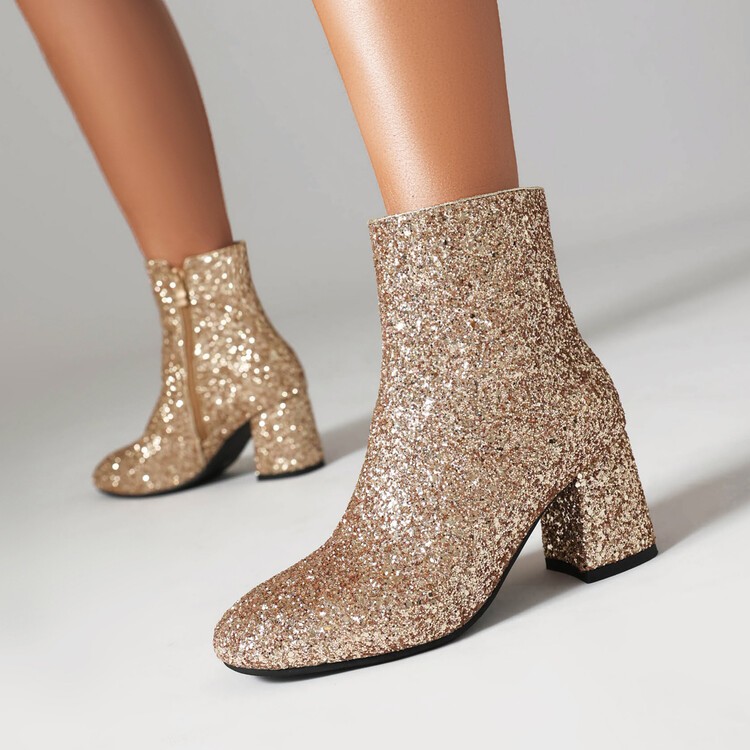 Women’s Sequin Glitter Block Heels Side Zip Ankle Short Gold Boots Party Shoes