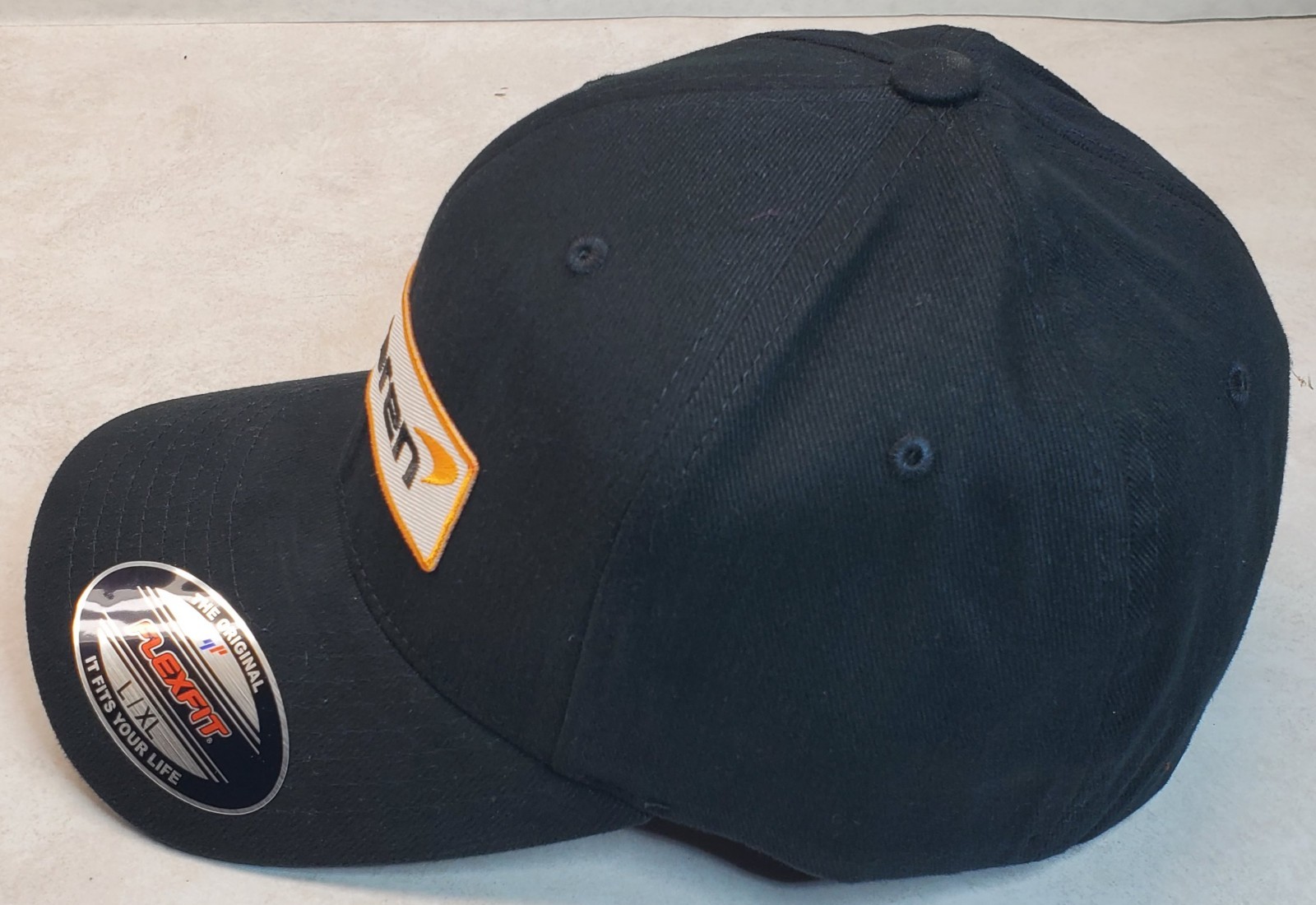 McLaren Embroidered Patch On Flexfit 6377 Black L/XL 7 1/4″ – 7 5/8″