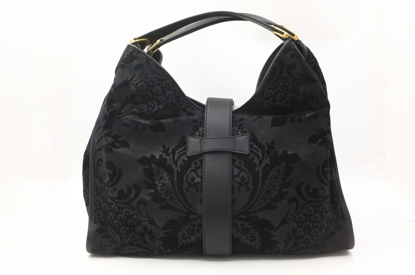 Authentic Gucci Soft Stirrup Tote Bag in Black Suede 296855