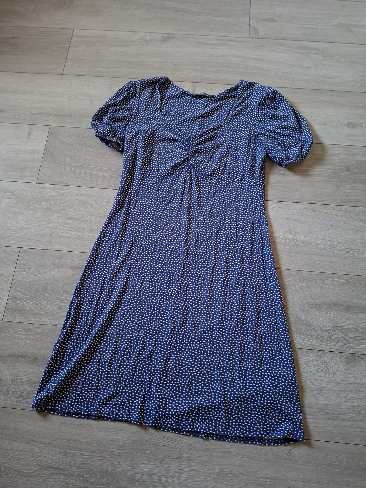 Studio Dark Blue White Spotted Stretch Dress Flared Ruched Smart Casual UK12/14