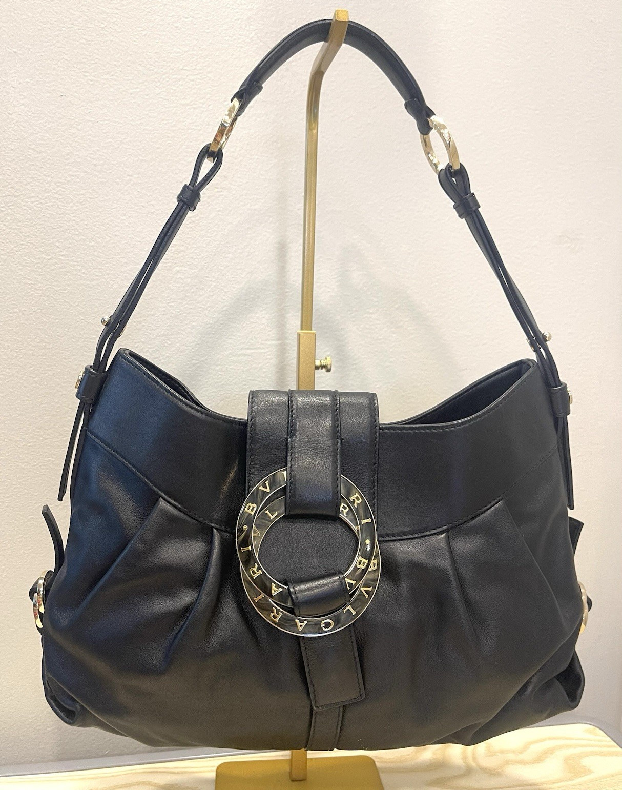 BVLGARI Women’s Black Shoulder Bag Gold Hardware Logo Buckle Zip Detachable